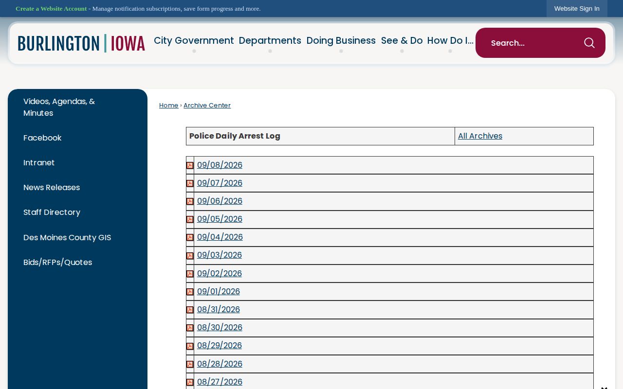 Burlington Police Daily Arrest Log archive with dated report links