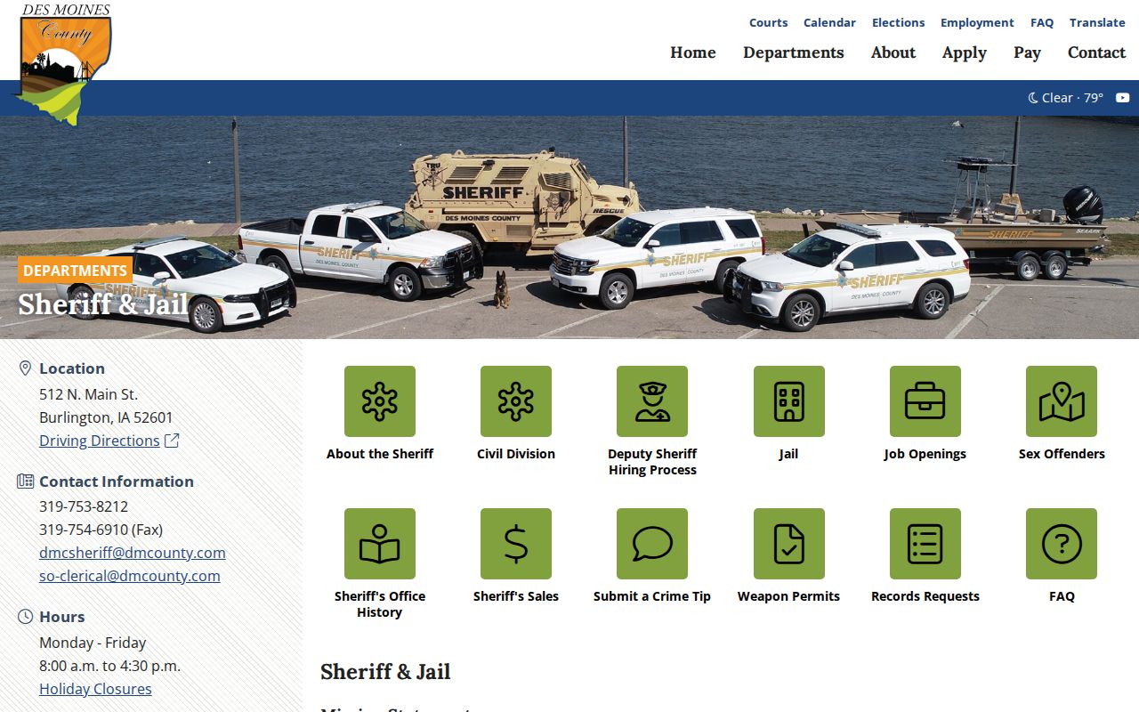 Des Moines County sheriff page for jail roster and recent arrest contacts