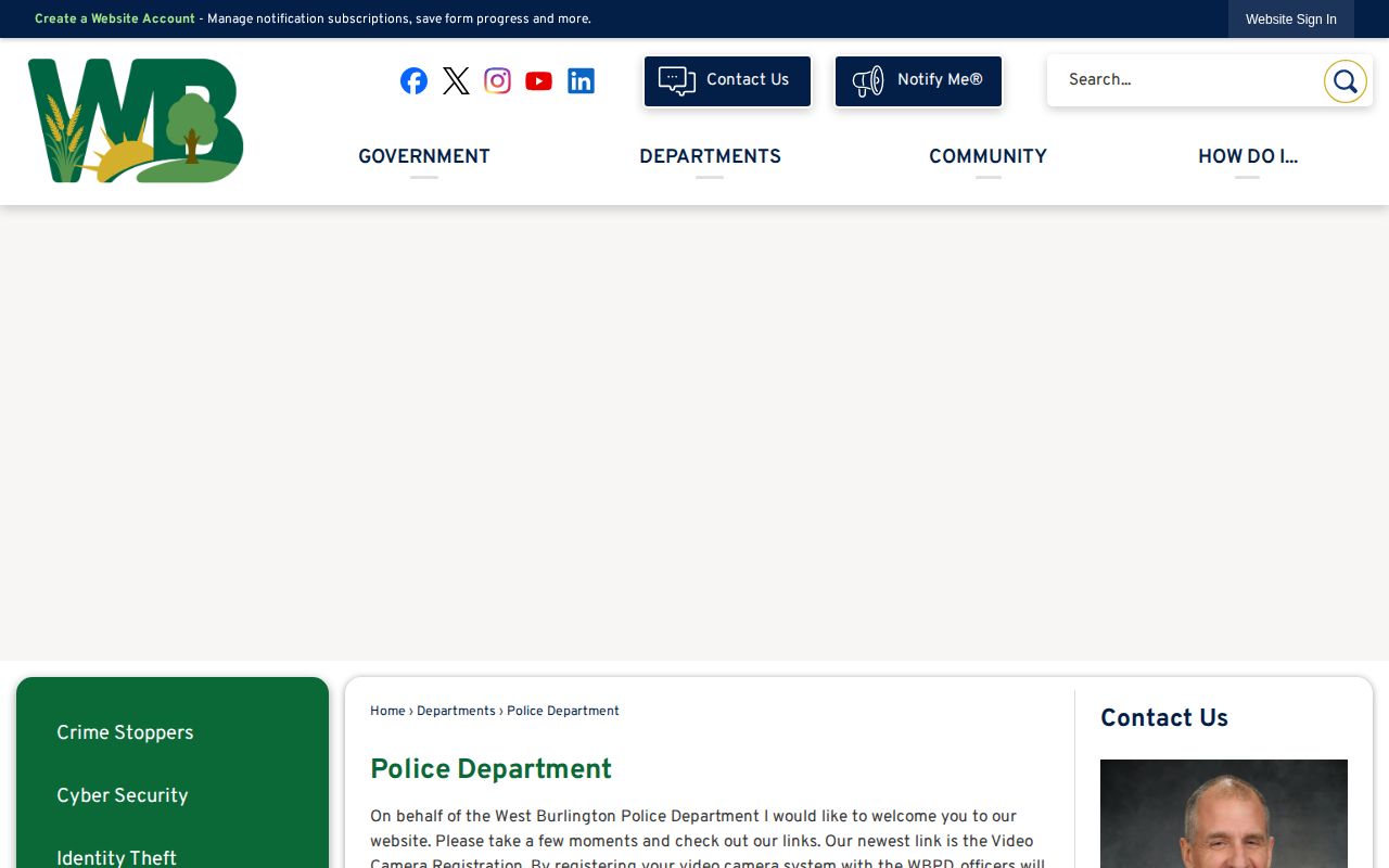 Official West Burlington Police Department webpage with contact and report request information