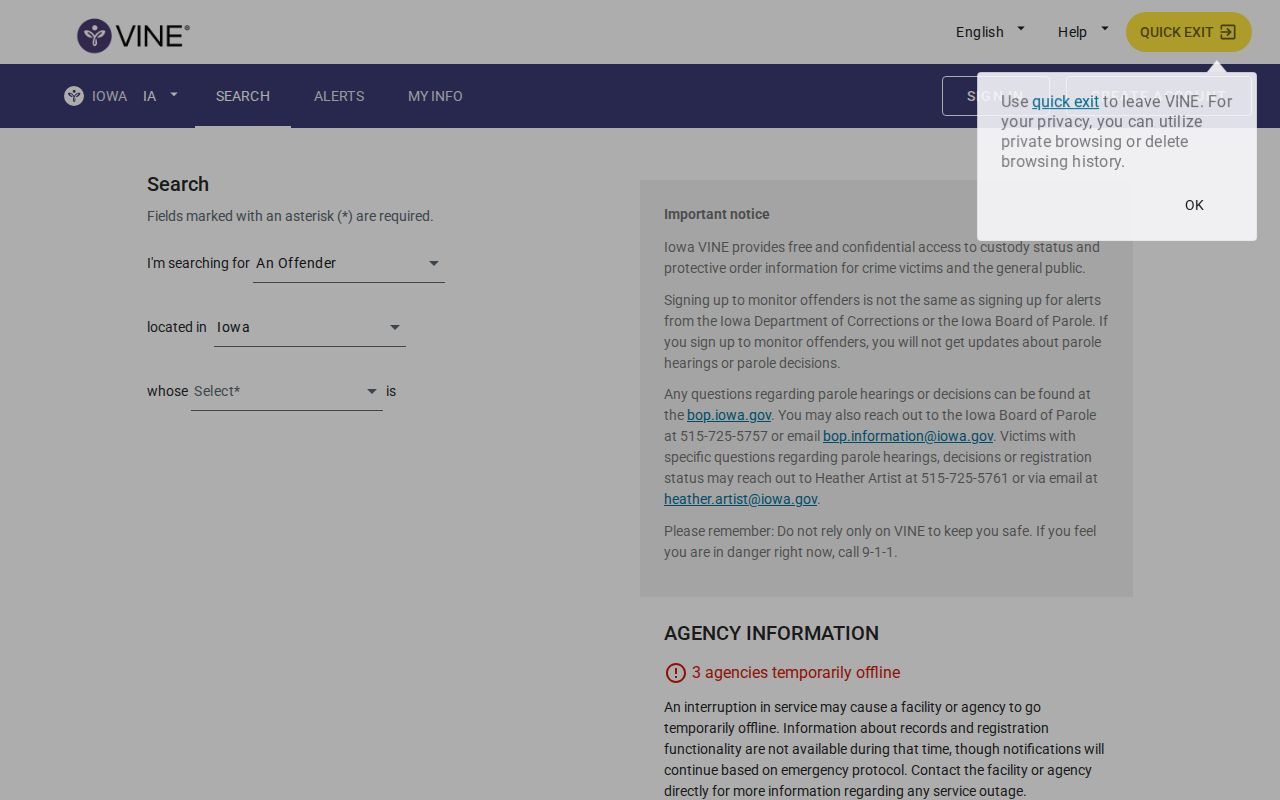 VINELink Iowa person search and custody notification registration interface
