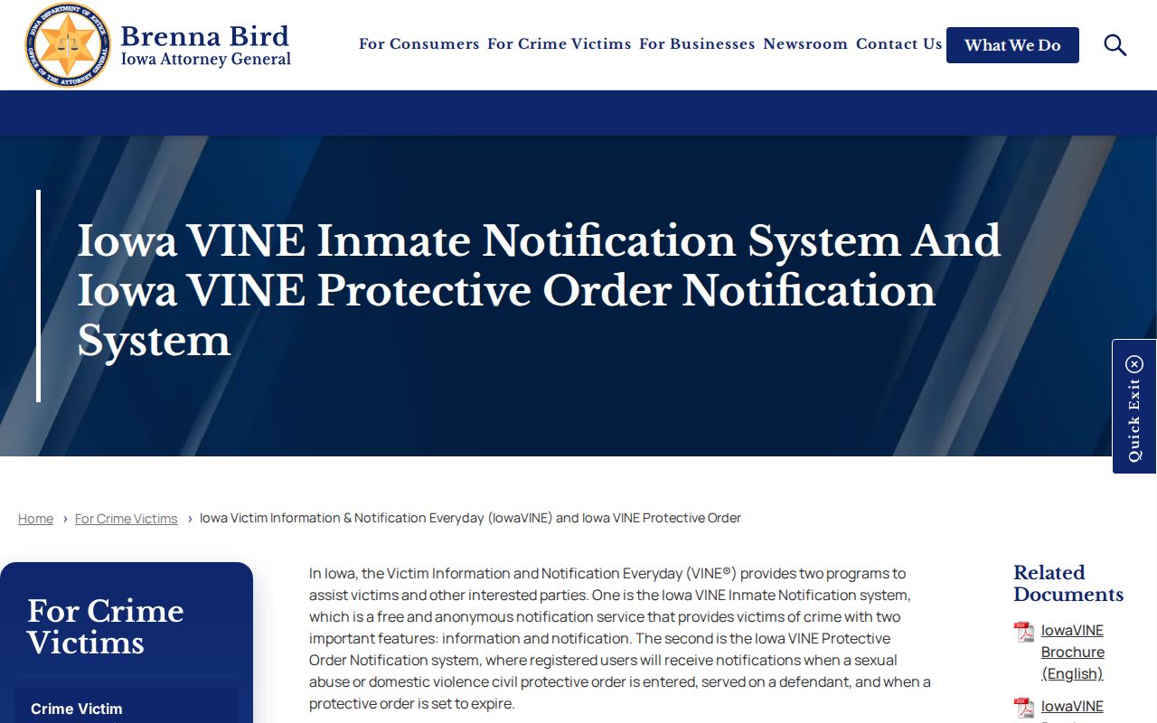 Iowa Attorney General IowaVINE overview describing custody information and notifications