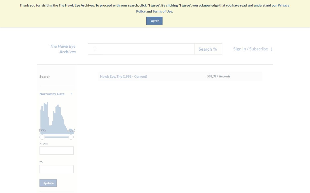The Hawk Eye searchable local news archive used for older arrest-log research