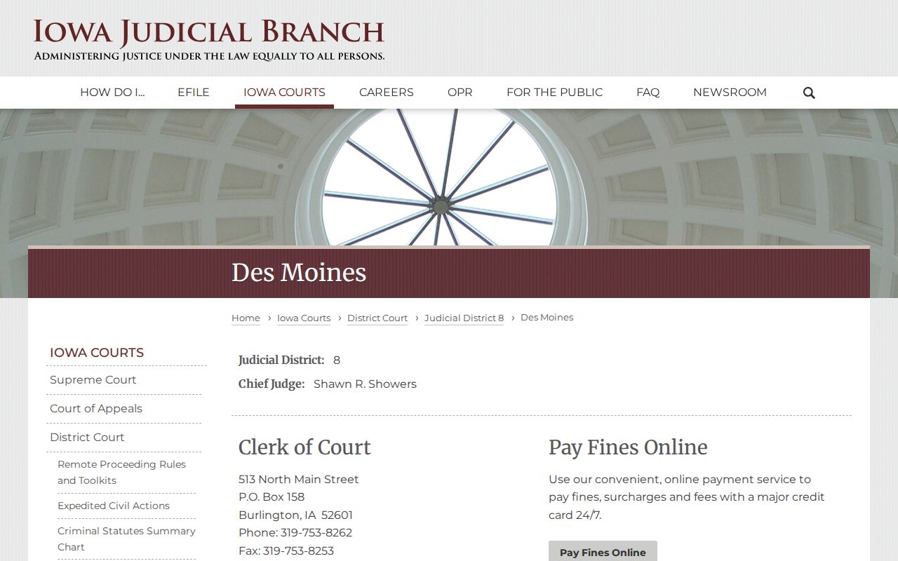 Des Moines County court page for arrest case follow-through