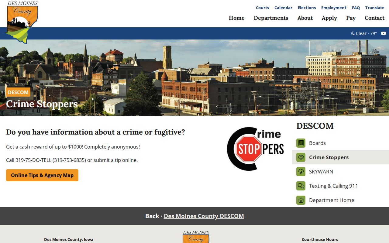 Des Moines County Crime Stoppers warrant and fugitive tip page