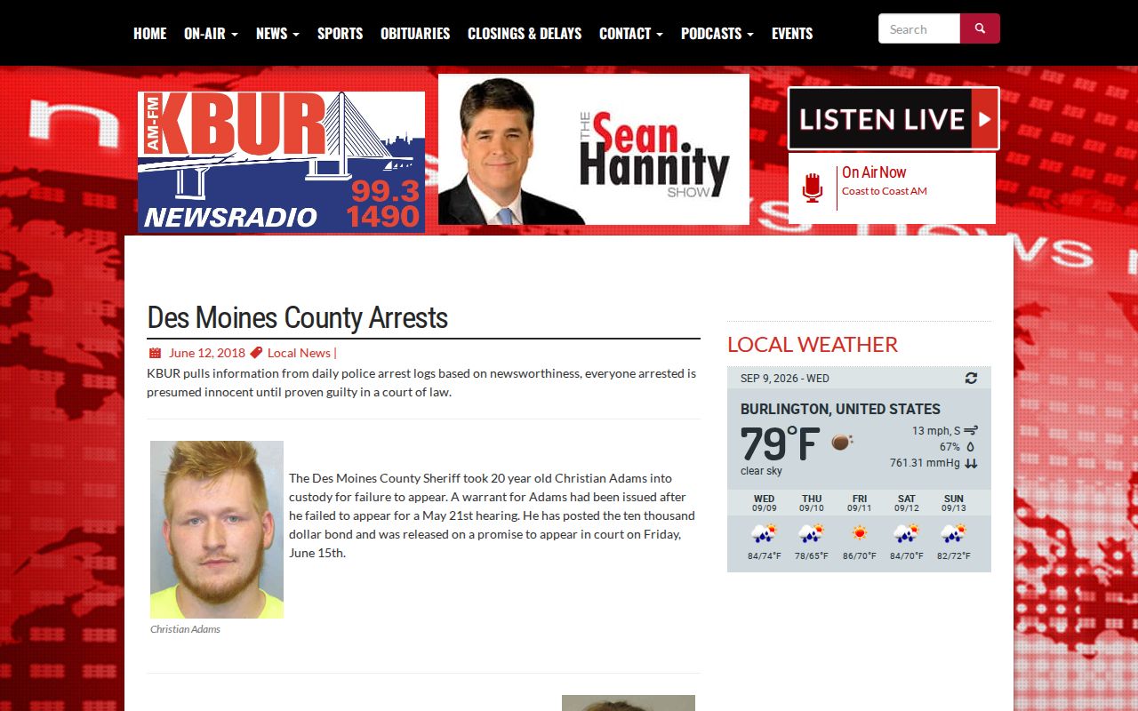 KBUR local news example covering Des Moines County arrests